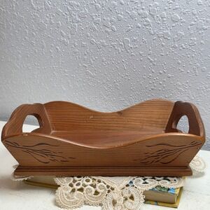 Vintage 1982 Wooden Small Serving Tray Handles Decorative Carved Design 9x7 inch